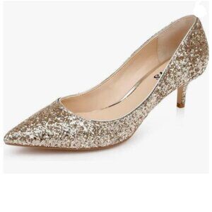 FYS Gold Glitter Kitten Heels Pointed Toe Slip On Pumps Slide Elegant Shoes